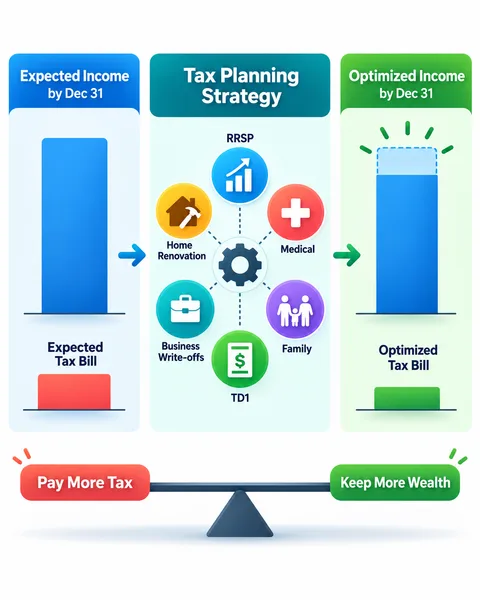 Year-end tax planning: an expected income and tax bill run through strategies like RRSP contributions, medical expenses, home renovation, business write-offs, family credits and TD1 adjustments, ending in a smaller optimized tax bill.